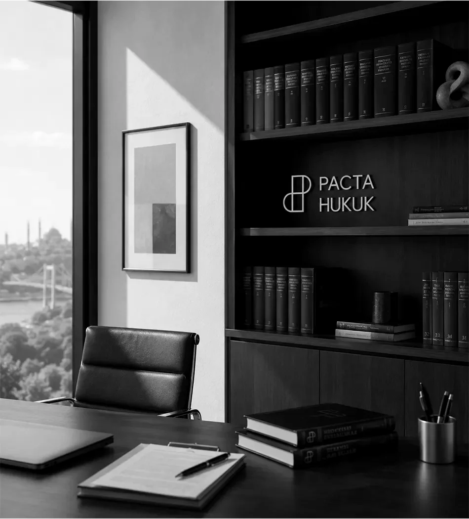 Pacta Hukuk ofisi — kitaplık ve çalışma alanı
